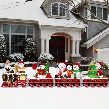 4 Pieces Outdoor Yard Train Christmas Decorations, Snowman Lawn Sign With 8 Yard Stakes For Outdoor Christmas Decorations for stocking stuffers