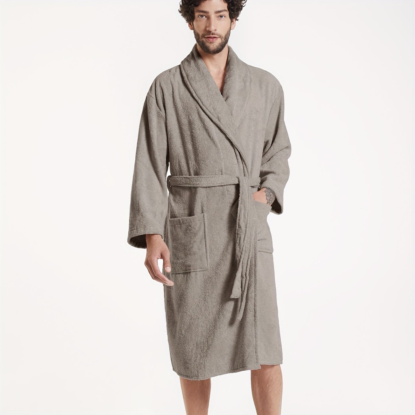 SIORO Mens Terry Cloth Bathrobe Shawl Collar Hotel Spa Cotton Robe Soft Warm Sleepwear Absorbent Calf Length Gown