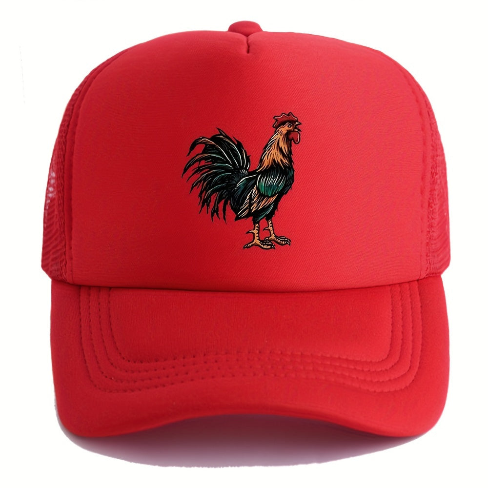Retro Rooster Print Curved Brim Baseball Cap - Breathable Mesh Trucker Hat with Snapback Closure, Perfect for Casual Leisure Outdoor Sports, Unisex Fashion Accessory for Summer, Spring, and Fall