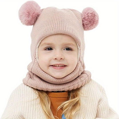 1pc Toddler Winter Beanie Hat Scarf, Kids Winter Warm Knit Hat With Pom, Children Soft Warm Beanie For Little Boys Girls Caps