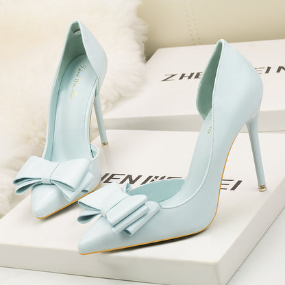 3168-2 Korean Style Fashionable Sweet Bowknot High Heels Stiletto Heel Shallow Mouth Pointed Toe Side Hollow out Pumps