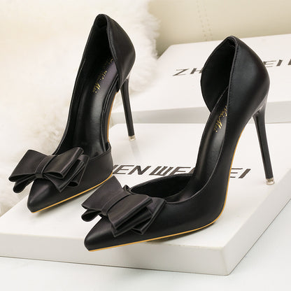 3168-2 Korean Style Fashionable Sweet Bowknot High Heels Stiletto Heel Shallow Mouth Pointed Toe Side Hollow out Pumps
