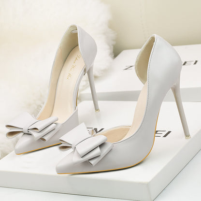 3168-2 Korean Style Fashionable Sweet Bowknot High Heels Stiletto Heel Shallow Mouth Pointed Toe Side Hollow out Pumps