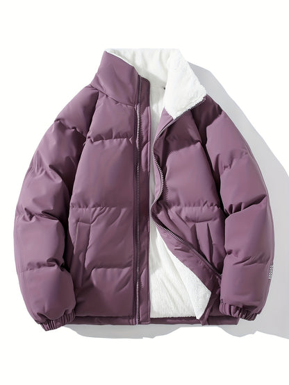 Men's Solid Puffer Coat With Pockets, Casual Breathable Stand Collar Zip Up Long Sleeve Fleece Warm Coat For Winter Outdoor Activities
