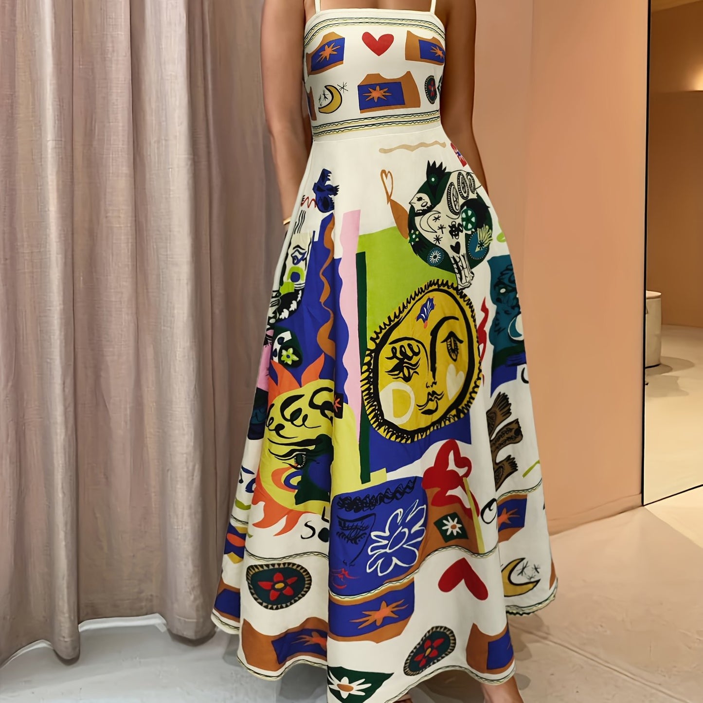VAKKV  Vibrant Graffiti Print Dress - Stylish Square Neckline, Daring Backless Design, Delicate Spaghetti Straps, Flattering High Waist Silhouette, Chic Cami Style - Perfect for Women, Ideal for Casual Occasions, Womens Clothing