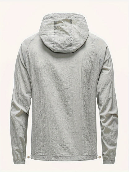 Men's Solid Color Hooded Long Sleeve Zipper Down Sun Protection Jacket With Pockets, Lightweight And Comfy Jacket Suitable For Outdoors Wear