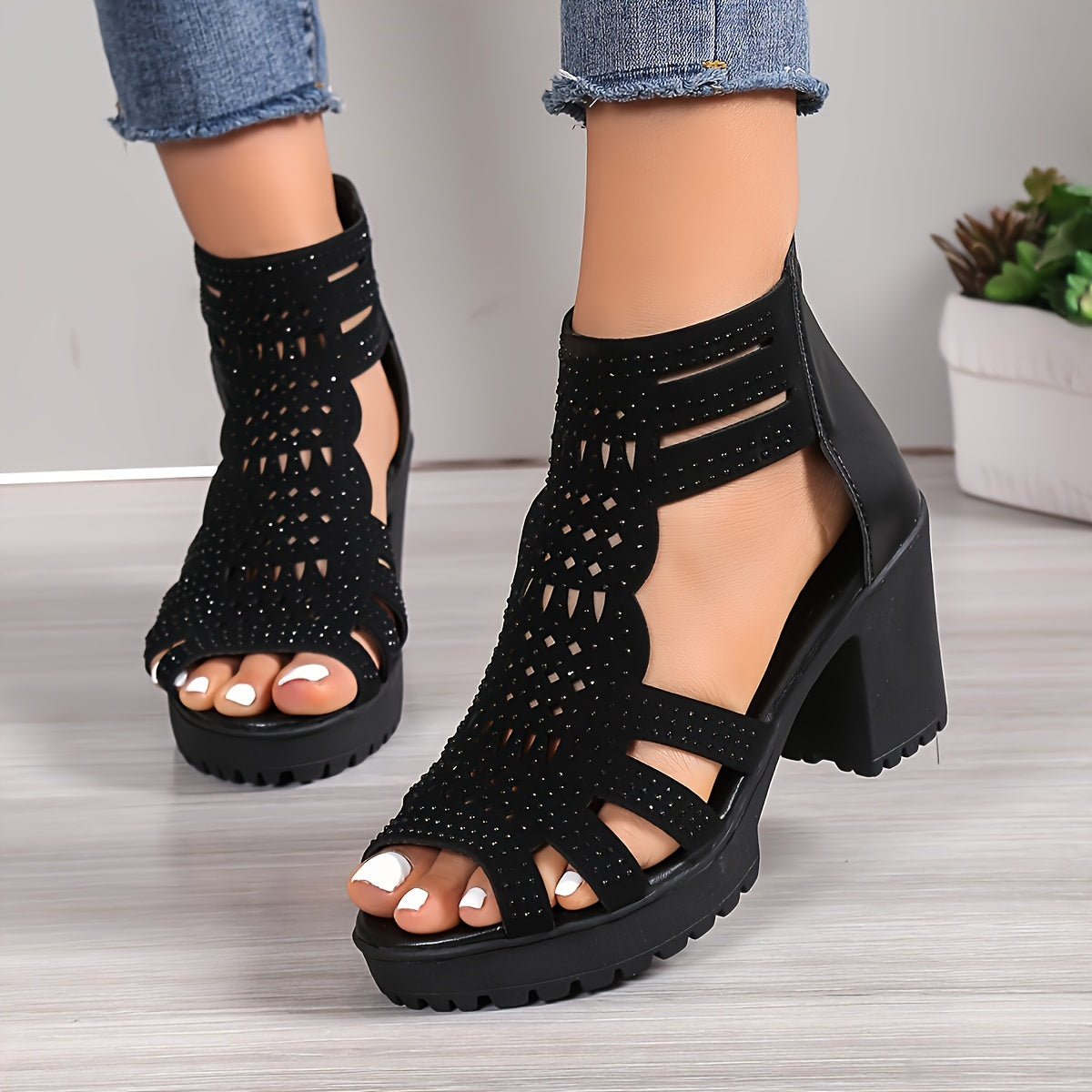 Stylish High Heel Womens Sandals - Rhinestone Decorated, Chunky Block Heel, Open Toe, Hollow Out Design, Back Zipper, Fabric Insole, EVA Sole, Ankle-Strap, Random Printing, Perfect for Summer Fashion and Dress Occasions