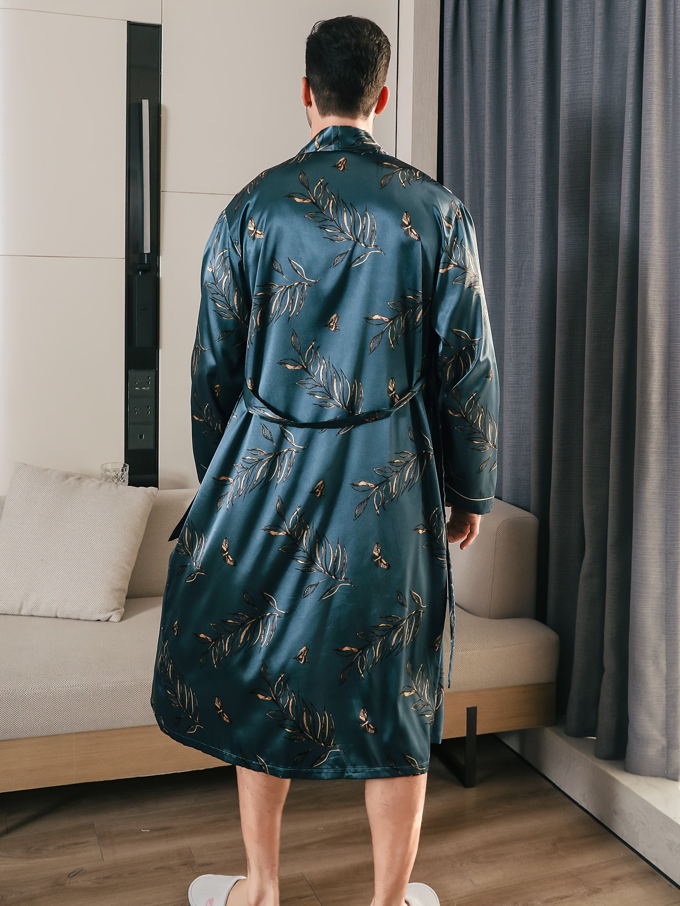 Men's Long-sleeved Thin Style Spring And Autumn Ice Silk Bathrobe, Elegant Floral Print Pattern Sleepwear Loungewear Clothes Outerwear In Summer