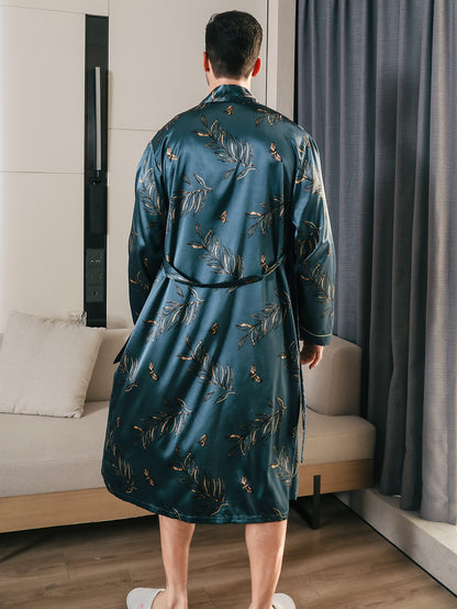 Men's Long-sleeved Thin Style Spring And Autumn Ice Silk Bathrobe, Elegant Floral Print Pattern Sleepwear Loungewear Clothes Outerwear In Summer