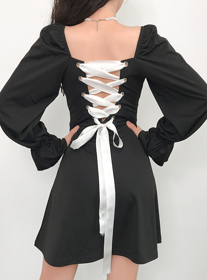 VAKKV A Line Long Sleeve Little Dress Black Dress P342