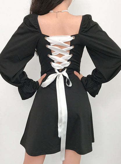 VAKKV A Line Long Sleeve Little Dress Black Dress P342