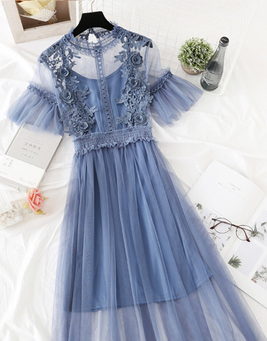 VAKKV Cute A Line Tulle Lace Applique Dress Summer Dress P337