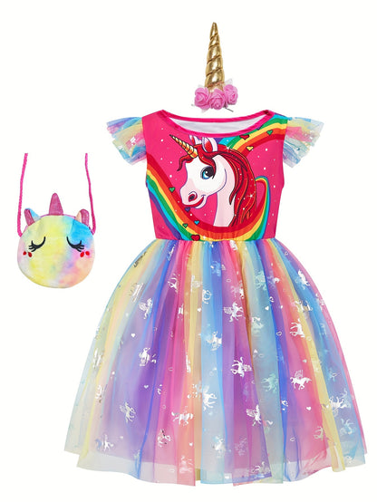Girl's Princess Dress With Accessories Set, Unicorn Print Mesh Dress, Fairy Tale Character Cosplay Costume, Kids Clothes For Halloween Holiday Party Prom Birthday Performance