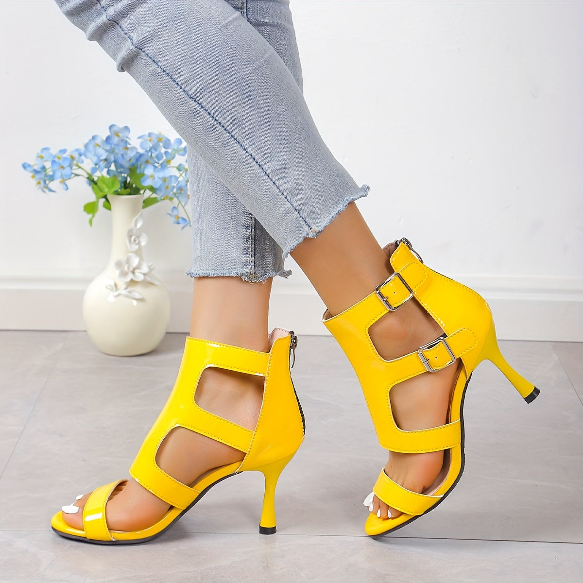 Chic Womens Solid Color High Heel Sandals - Back Zipper & Hollow Out Design - Perfect for Work to Evening - Comfortable High-top Dress Shoes
