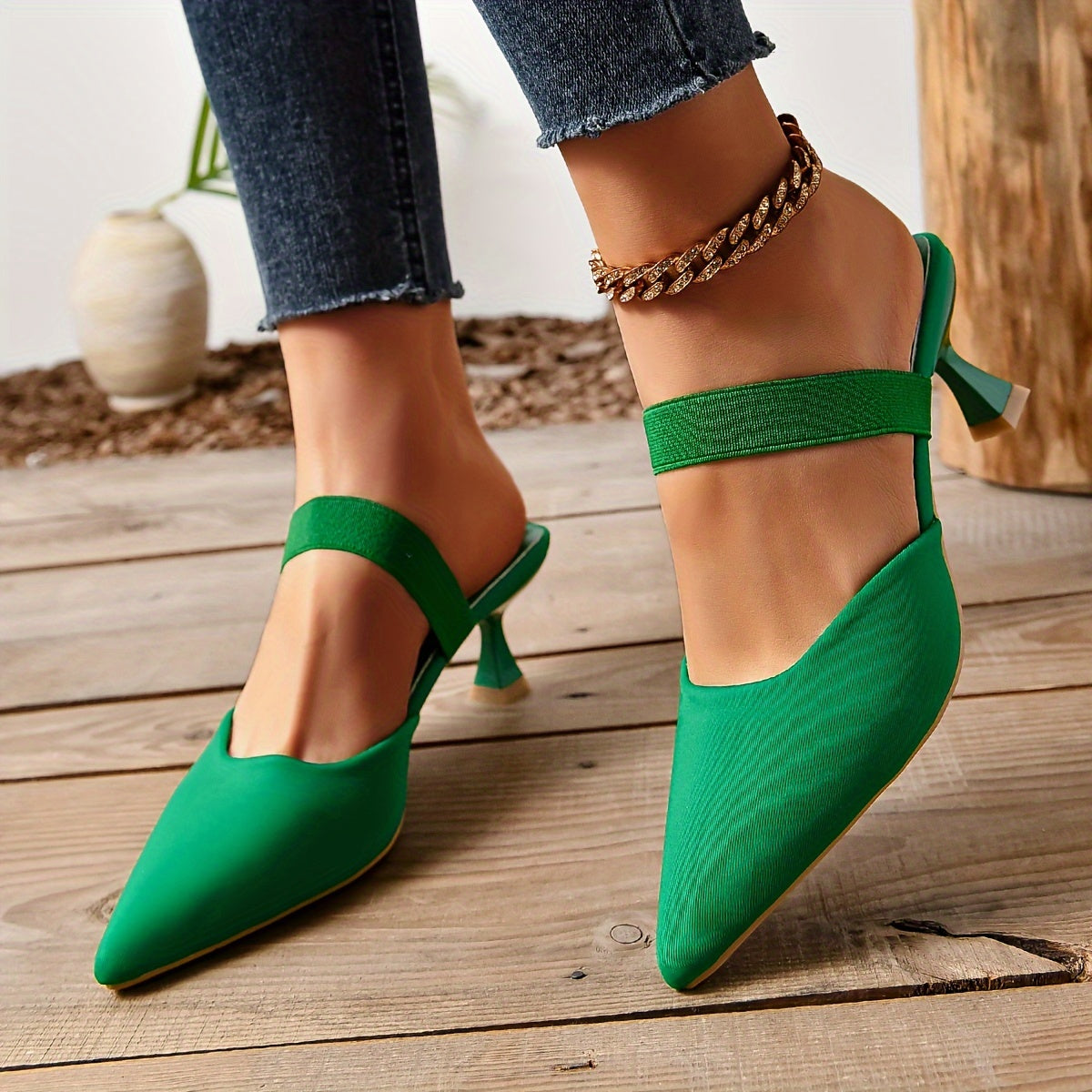 Chic Women's Pointed Toe Stiletto Sandals, Versatile Slip-On, Comfort Elastic Band, Low Heel for Daily Elegance (20-35 Words)