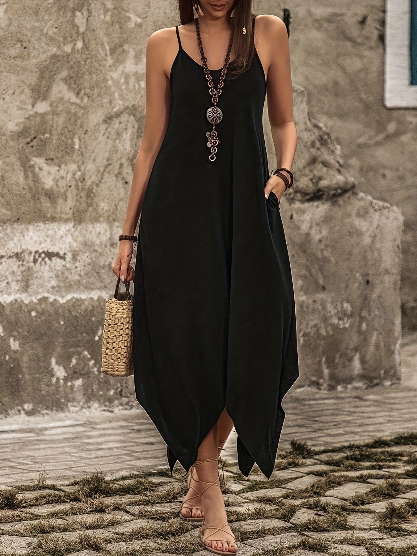 VAKKV  Chic Asymmetric Hem Spaghetti Strap Dress - Lightweight & Versatile Solid Colors for Summer - Adjustable Straps, Flowy Design - Womens Casual Wardrobe Staple