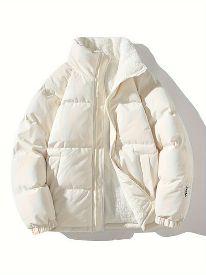 Men's Solid Puffer Coat With Pockets, Casual Breathable Stand Collar Zip Up Long Sleeve Fleece Warm Coat For Winter Outdoor Activities