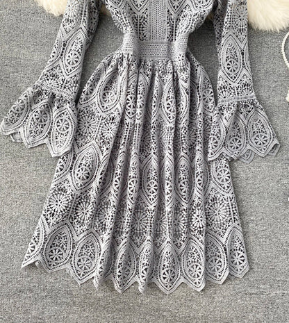 VAKKV A Line Lace Long Sleeve Dress Fashion Dress P334