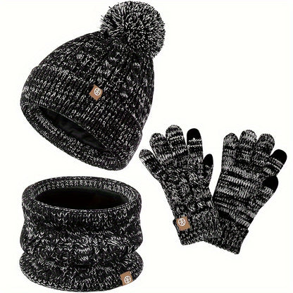 Elegant 3pcs Winter Set for Women: Cozy Fleece-Lined Knit Beanie, Scarf & Gloves - Warm, Windproof & Stylish