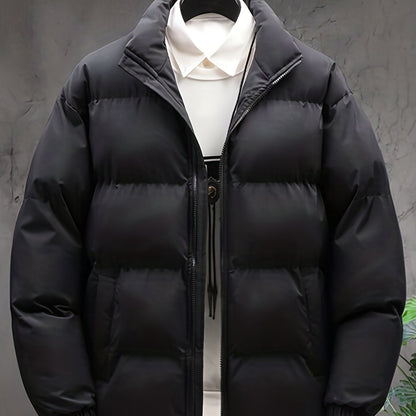 Plus Size Mens Puffer Jacket - Vibrant Solid Color, Classic Band Collar, Warm and Comfortable Design for Fall and Winter Seasons - Mens Clothing Essential