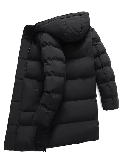 Men's Warm Puffer Coat, Casual Slightly Stretch Breathable Hooded Down Jacket For Outdoor Winter