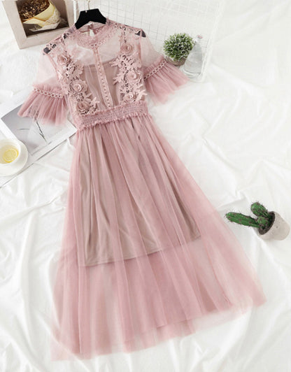 VAKKV Cute A Line Tulle Lace Applique Dress Summer Dress P337