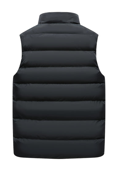 Men's Solid Sleeveless Stand Collar Down Jacket Vest With Zip Up And Pockets, Casual And Warm Tops For Autumn And Winter Wear