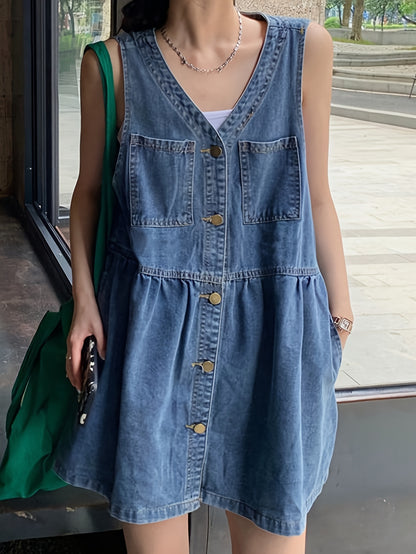 Plain Washed Blue V Neck Button Closure Sleeveless Casual Style Denim Dress, Women's Denim Jeans & Clothing