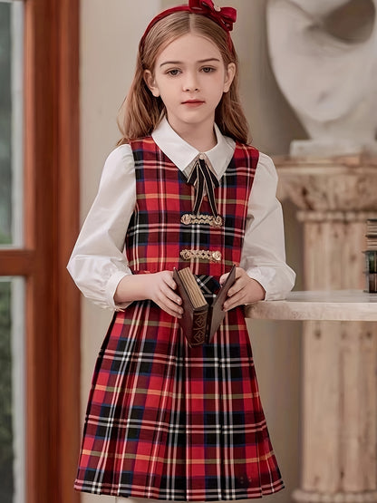Girls' Vintage Plaid Dress - Classic School Uniform, Perfect for Spring, Fall, and Christmas, Ideal Gift for School Girls