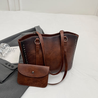 Women's Fashion Tote Bag with Rivet Detailing, Large Capacity Shoulder Handbag, PU Leather with Zipper Closure, Edge Painted, Multipurpose for Work and Daily Use