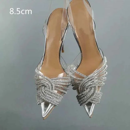 Summer New Women's Roman Rear Strap Pumps Transparent Baotou Rhinestone Pointed Toe High Heels Ultra-High Stiletto Heel Kq8