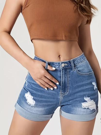 Womens High Stretch Ripped Denim Shorts - Fashionable Roll-Up Hem, Whiskering Detail, Slash Pockets - Casual Premium Jeans & Clothing Staple