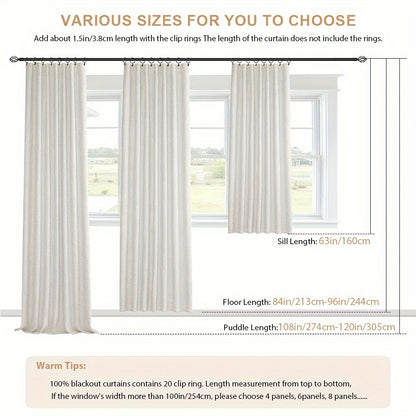 2 Panels 100% Blackout Linen Textured Curtains - Complete Darkness & Thermal Insulation - Natural Elegance for Bedroom & Living Room - Includes Clip Rings or Rod Pocket Options