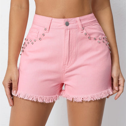 Womens Sparkling Rhinestone Denim Shorts - Distressed Frayed Hem, Stylish Casual Summer Chic, Trendy Hot Pants for a Fashionable Look