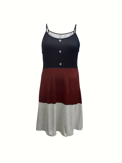 VAKKV  Plus Size Color Block Cami Dress with Button Front - Fashionable & Flattering for Spring & Summer - Adjustable Spaghetti Straps, Crew Neck, Casual Style - Womens Plus Size Clothing for Warm Weather