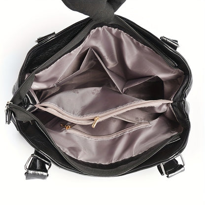 Women's Large Capacity Tote Bag, Vintage Style, Waterproof and Theft-Proof, Solid Color, Casual Versatile Handbag with Adjustable Strap, Zipper Closure, Polyester Lining, Faux Leather, No Print, No Edge Oil, Black
