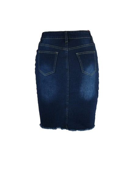 Stylish Dark Blue Slim Fit High Waist Denim Skirt - Women's Clothing, Raw Hem, Slash Pockets, High Denim, Short Denim Dress, Comfortable, Versatile, and Chic