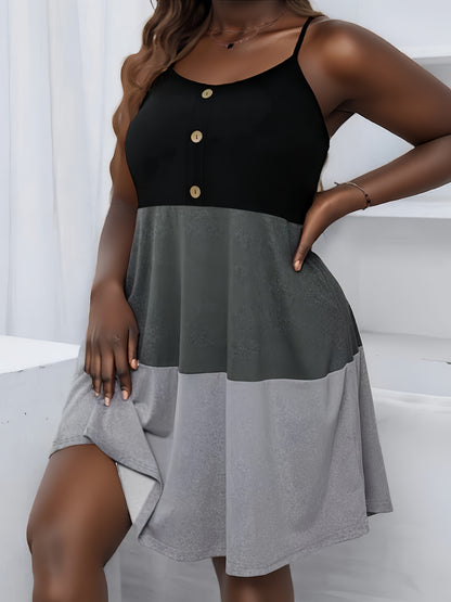 VAKKV  Plus Size Color Block Cami Dress with Button Front - Fashionable & Flattering for Spring & Summer - Adjustable Spaghetti Straps, Crew Neck, Casual Style - Womens Plus Size Clothing for Warm Weather