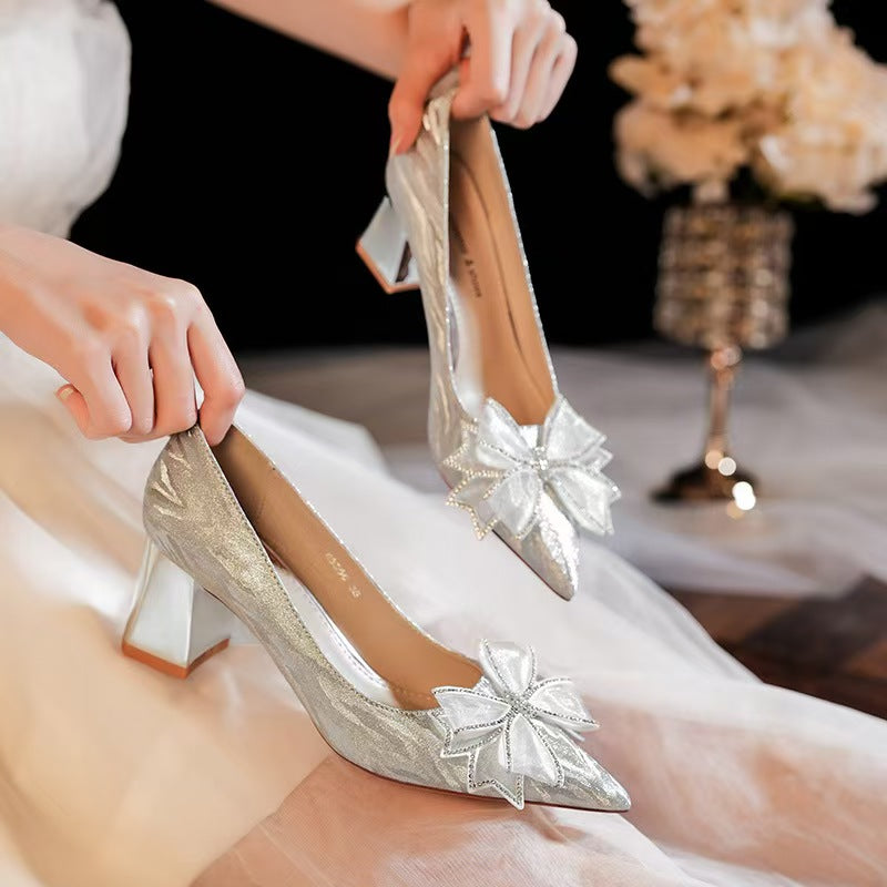 Womens Decorative Block Heels - Exquisite Bowknot Decor, Fashionable Point Toe, Easy Slip-On Design, Stylish and Sophisticated - Perfect for Formal Events, Parties, and Special Occasions Dress Pumps