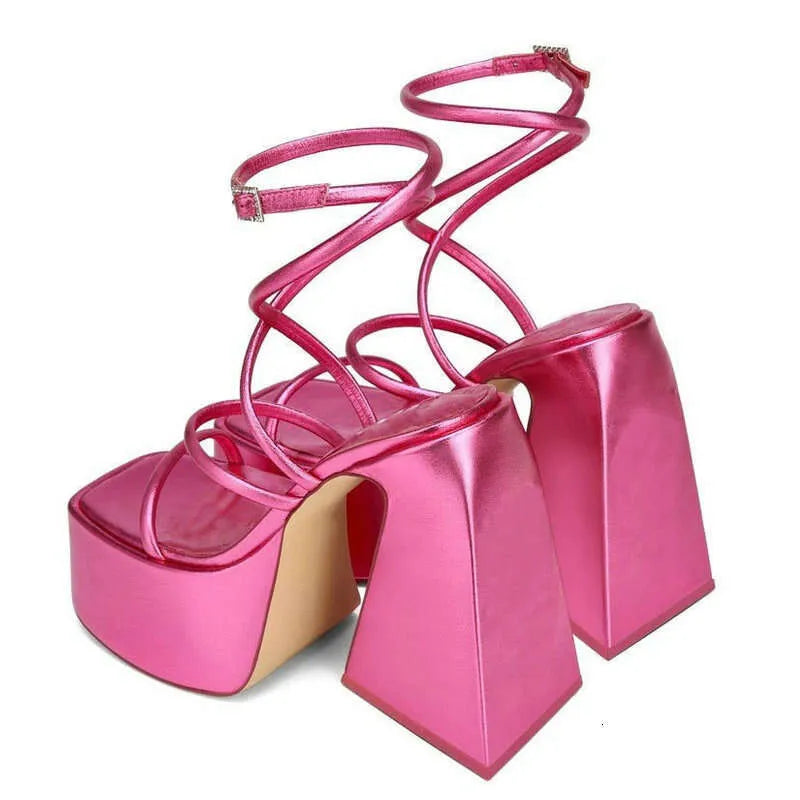 New Women's Sandals Thick High Heel Platform Silks Sexy Wedding Rose Gold Summer Fish Mouth Ladies Big Size 43 Shoes Kq8