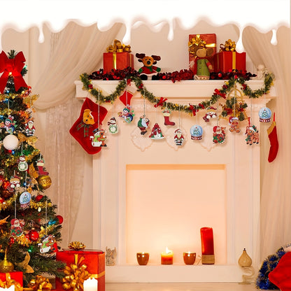 24pcs Wooden Christmas Ornaments, Farmhouse Style Hanging Decor, Vintage Santa Snowman Pendants for Home Party