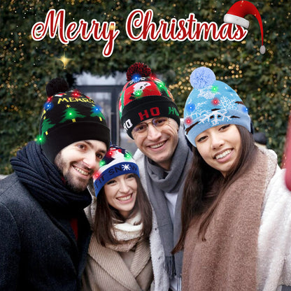 4 Pack LED Light up Christmas Beanie Hats Xmas Knitted Hat Unisex Winter Hat Flashing Cap for Adults Kids Christmas New Year