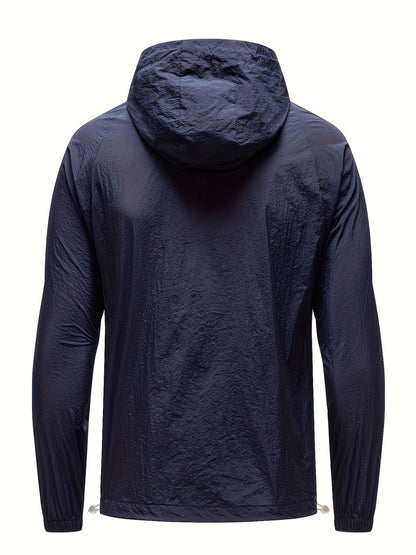 Men's Solid Color Hooded Long Sleeve Zipper Down Sun Protection Jacket With Pockets, Lightweight And Comfy Jacket Suitable For Outdoors Wear