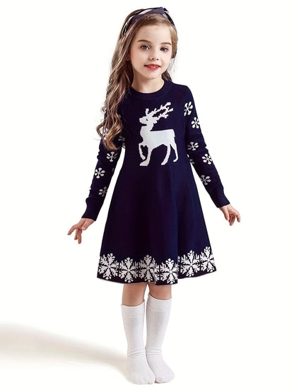 Cozy Girls' Deer Pattern Sweater Dress - Special Occasion, Round Neck, Long Sleeve, Knitted, Christmas Themed, Soft and Warm - Perfect for Holiday Parties