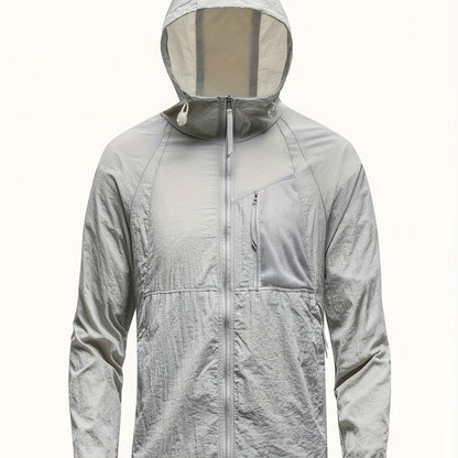 Men's Solid Color Hooded Long Sleeve Zipper Down Sun Protection Jacket With Pockets, Lightweight And Comfy Jacket Suitable For Outdoors Wear