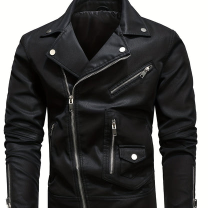 Mens Long Sleeve Lapel Thermal PU Leather Jacket with Zipper Pocket - Water-Resistant, Windproof, and Warm for Fall and Winter Outdoor Activities - Perfect for Casual Weekend Getaways and Going Out