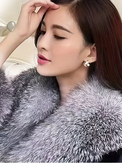 Mid-Length Women's Elegant Faux Fur Coat with Long Sleeve, Collar, Belt, Pockets, and Knit Fabric for Stylish Winter Outerwear
