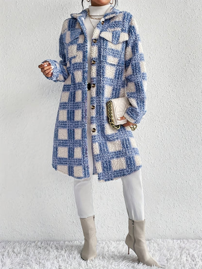 Long Sleeve Elegant Plaid Pattern Button Front Teddy Coat for Fall & Winter, Women's Mid-length Warm Outerwear