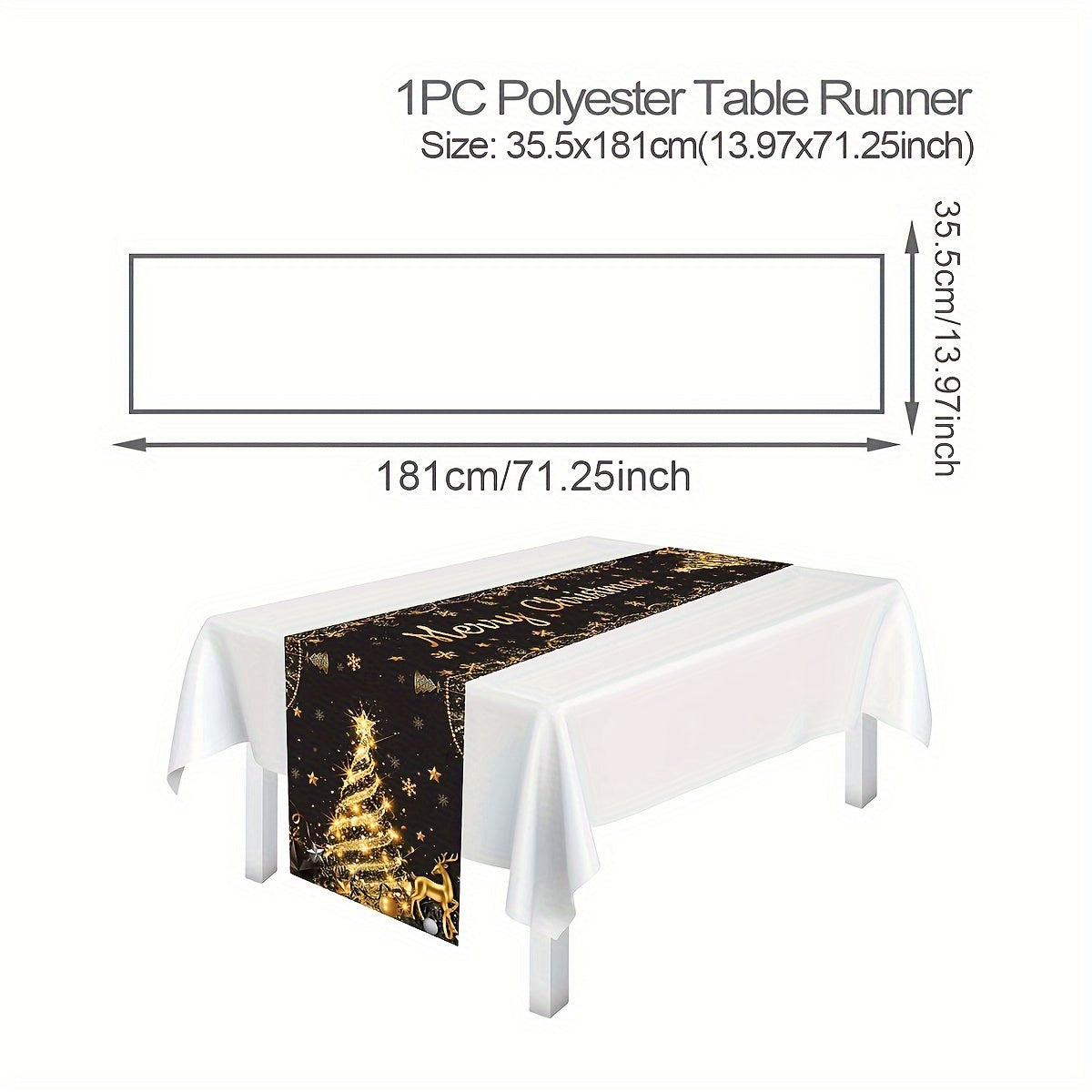 Christmas Table Runner 1PC - Handmade Polyester Black and Golden Christmas Tree Design - Festive Holiday Party Table Decoration for General Fit - Winter Xmas Gathering Home Decor