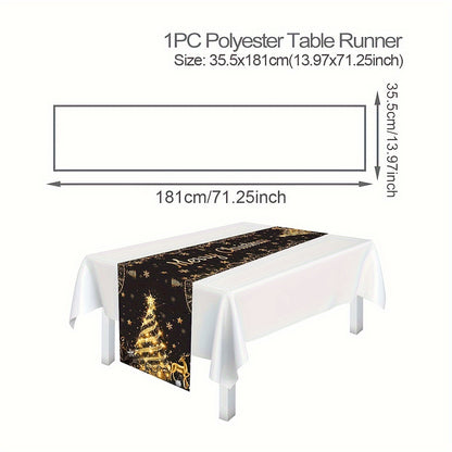 Christmas Table Runner 1PC - Handmade Polyester Black and Golden Christmas Tree Design - Festive Holiday Party Table Decoration for General Fit - Winter Xmas Gathering Home Decor